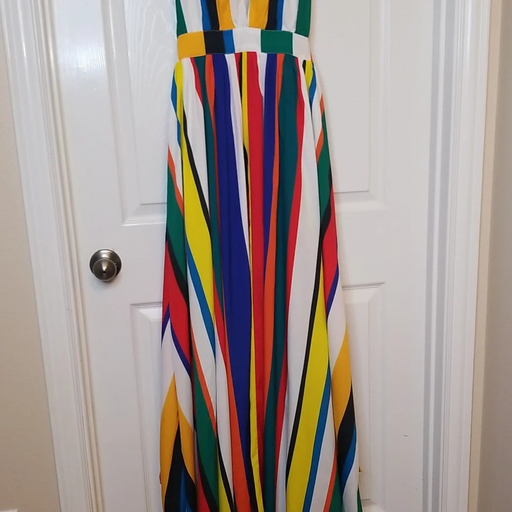 Boston Proper Vertical Backless Striped Halter Top Sleeveless Maxi Dress - Picture 3 of 14